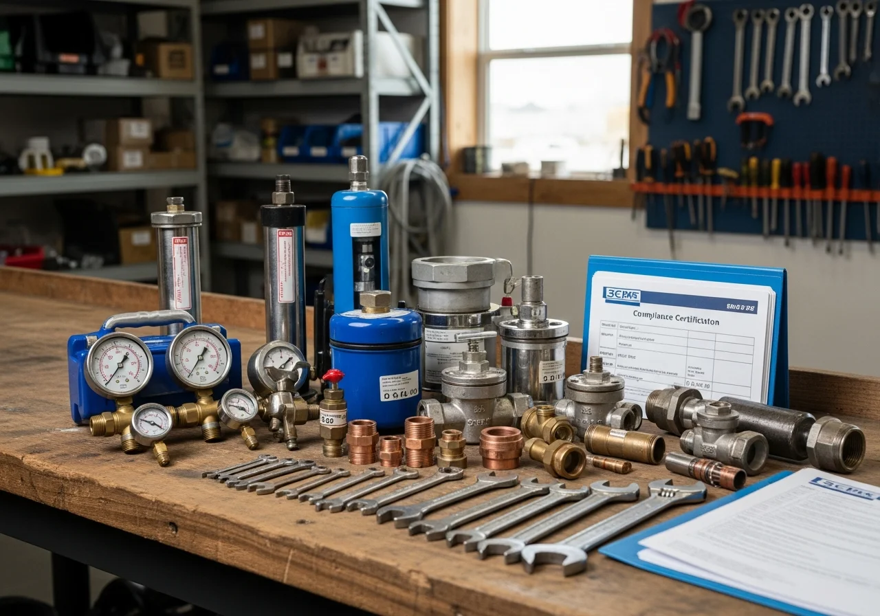 Plumbing and backflow testing equipment arranged on a workbench, showing tools and devices used for water system compliance and repair.