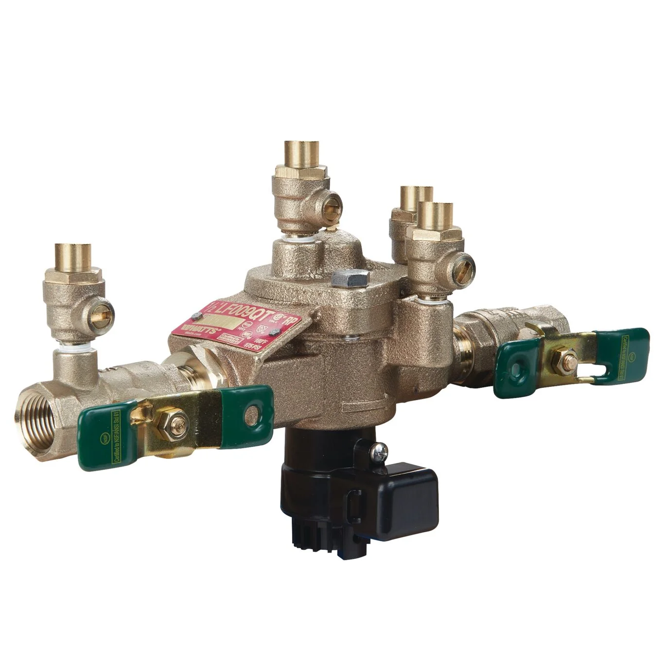 Bronze backflow prevention valve with dual checks, relief valve, and green shutoff handles