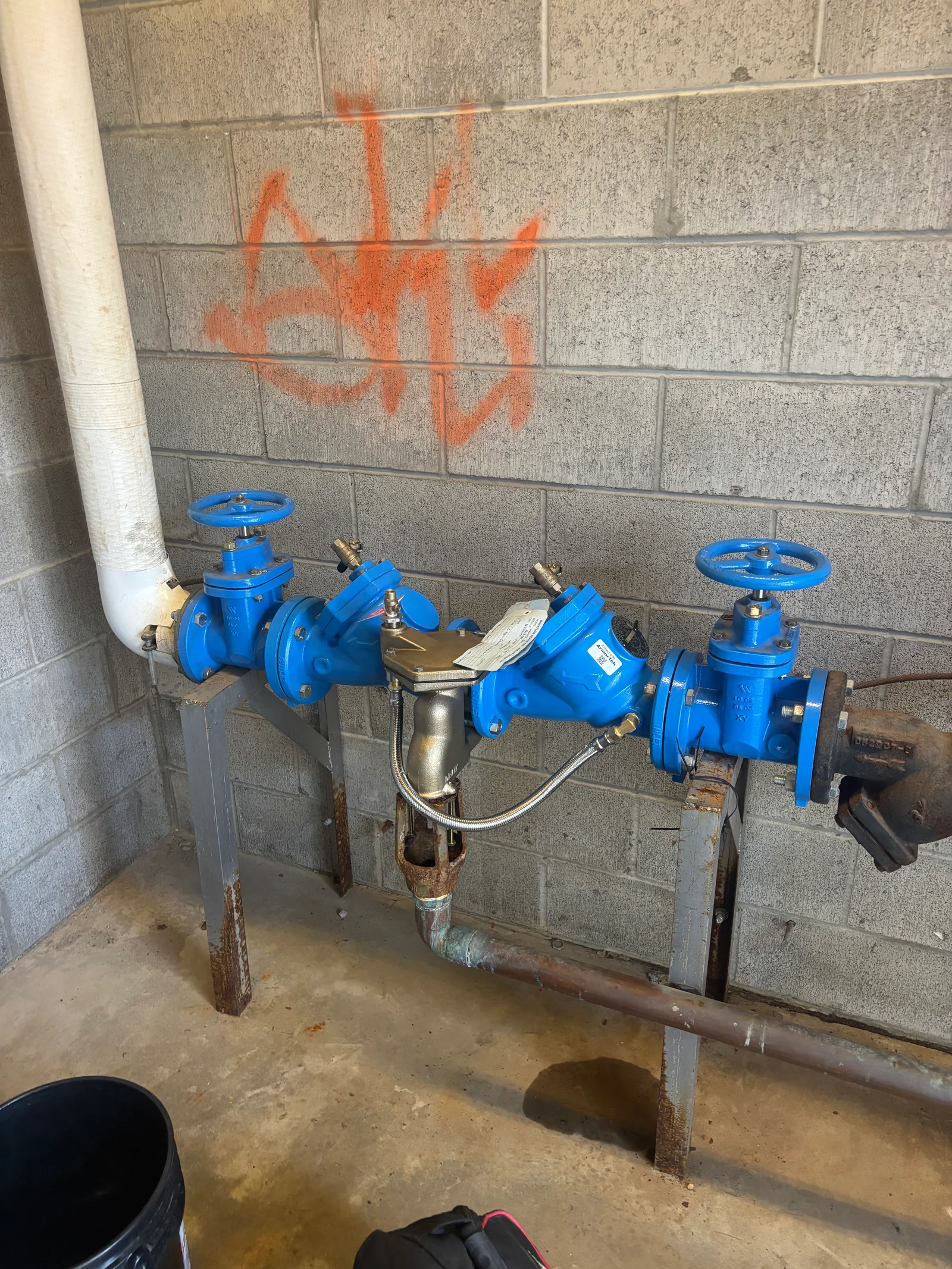 Blue backflow prevention assembly with dual gate valves and test cocks mounted on concrete foundation