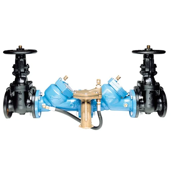 Double check valve backflow preventer with black gate valves and blue reduced pressure zone valve body