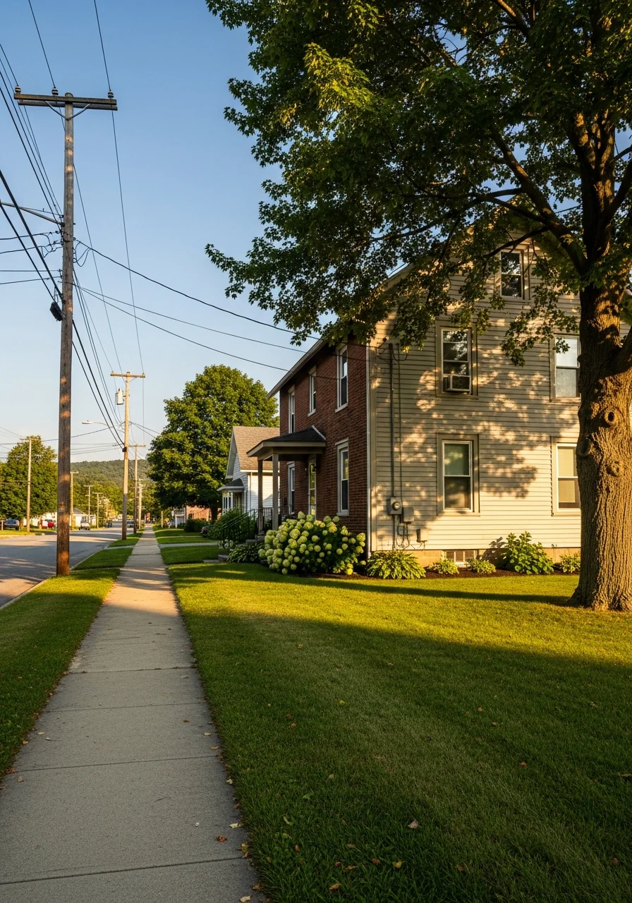 Close-up of a well-maintained home exterior in a Bradford County small town with mature trees and local architecture.