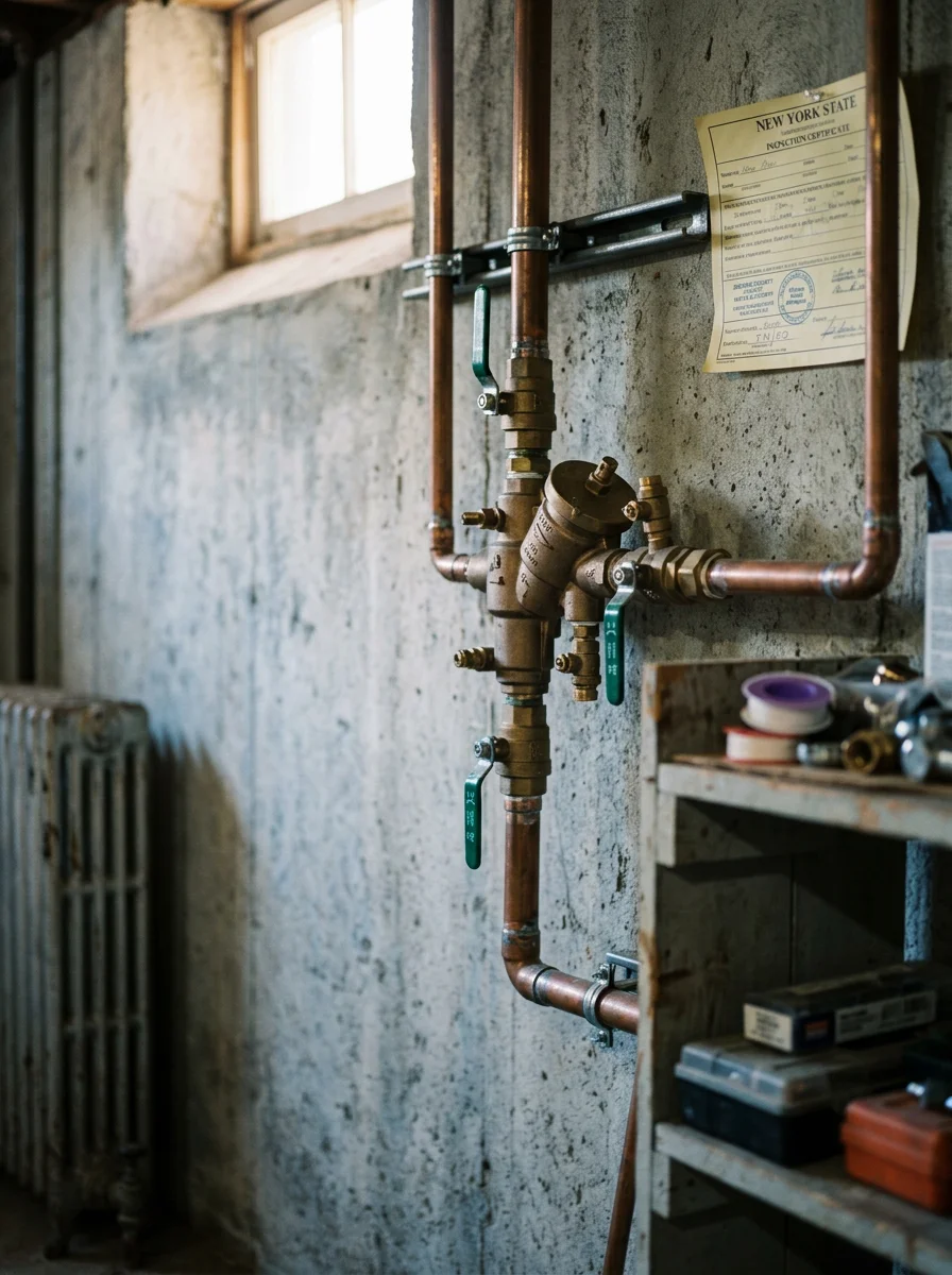 Professional plumber installing backflow prevention device in Broome County home