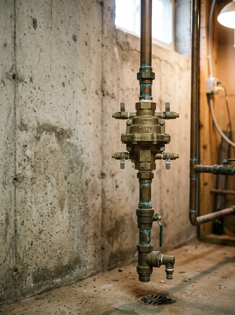 Backflow prevention device installed on residential water line in rural Pennsylvania home