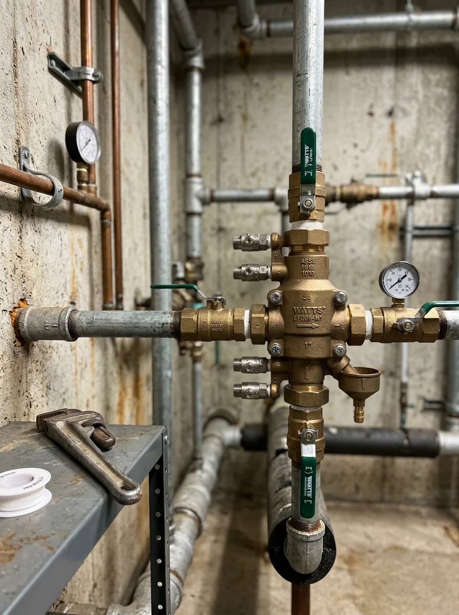 Professional plumber installing backflow prevention device on commercial water line in Chemung County