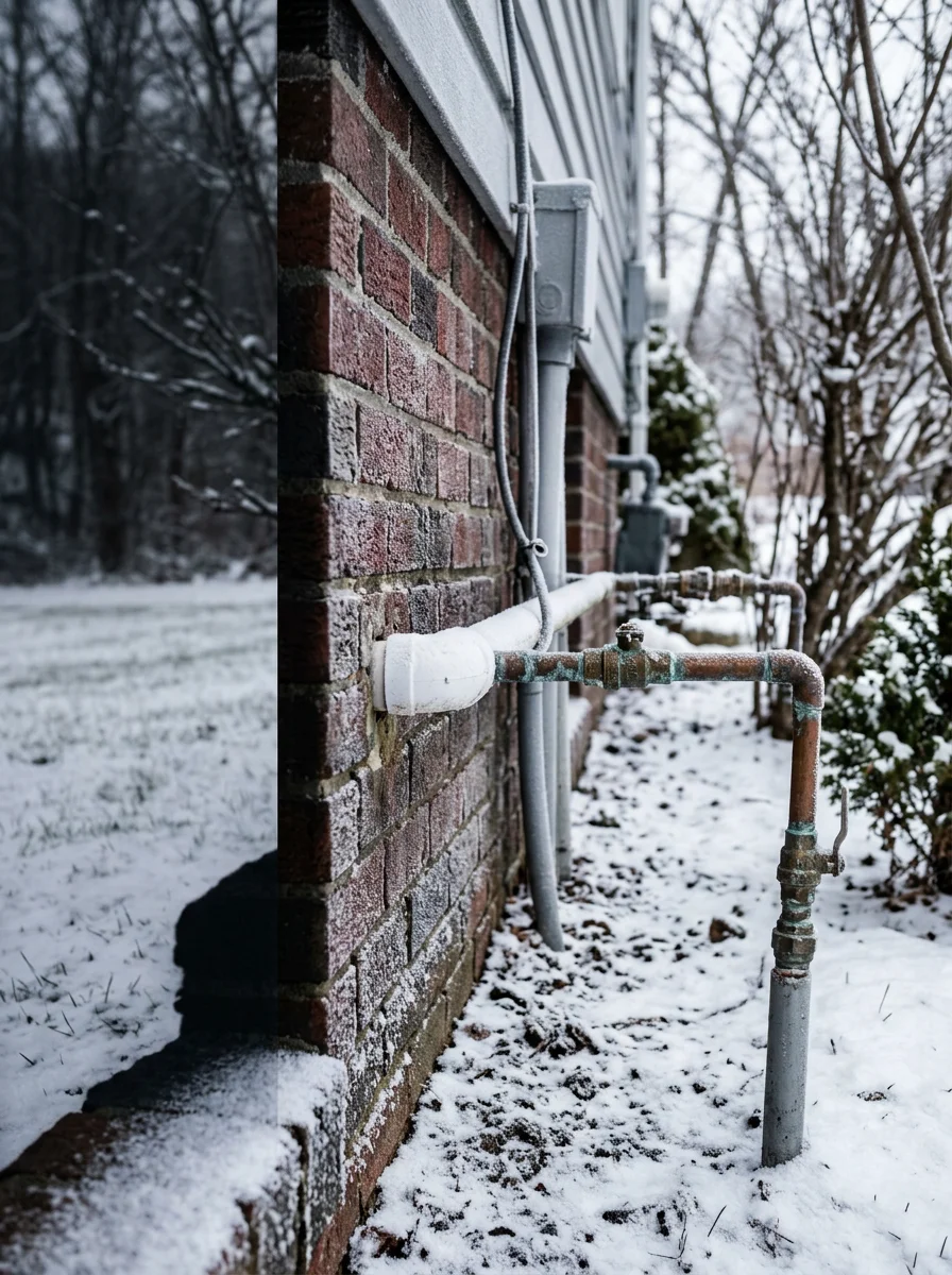 Residential home in Bradford or Smethport with winter snow, showing water and gas line infrastructure
