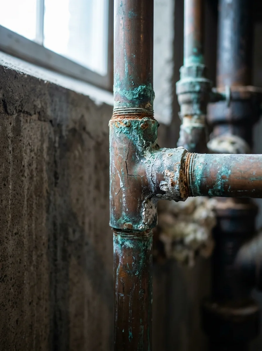 Close-up of corroded water pipe joint showing age and freeze damage typical of pre-1940s plumbing in Schuyler County homes
