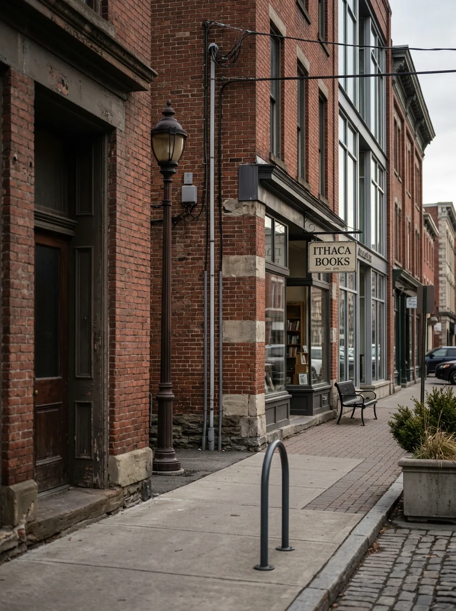 Downtown Ithaca street view with historic buildings and local businesses