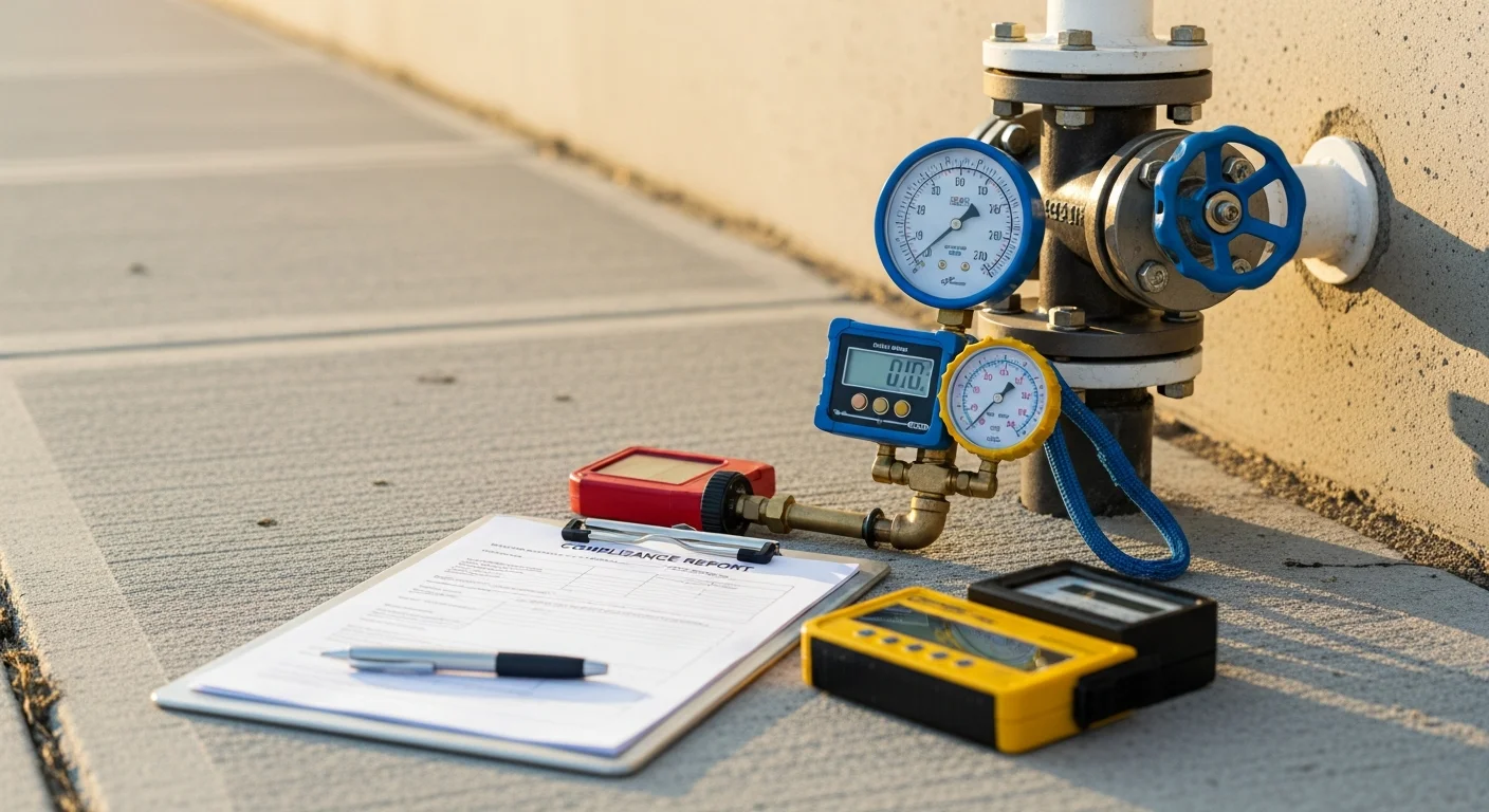 A certified backflow prevention assembly mounted on a commercial water service line in Bradford County, PA, with a technician using calibrated test equipment connected to the assembly's test ports during an annual compliance inspection.