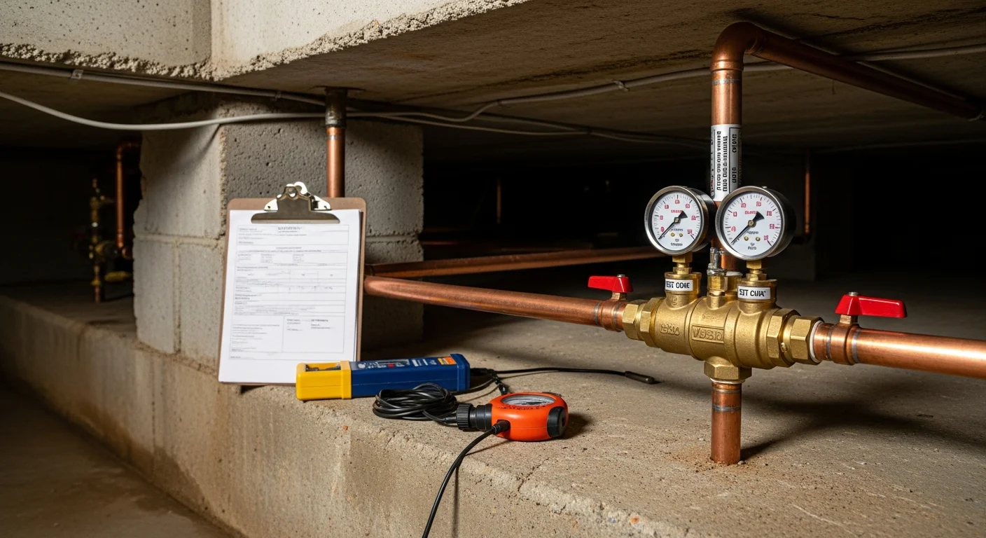 A certified technician from American Backflow Services LLC installing a backflow prevention assembly on a water service line at a residential property in Bradford County, PA. The device is mounted near the main supply line with shutoff valves on both sides.