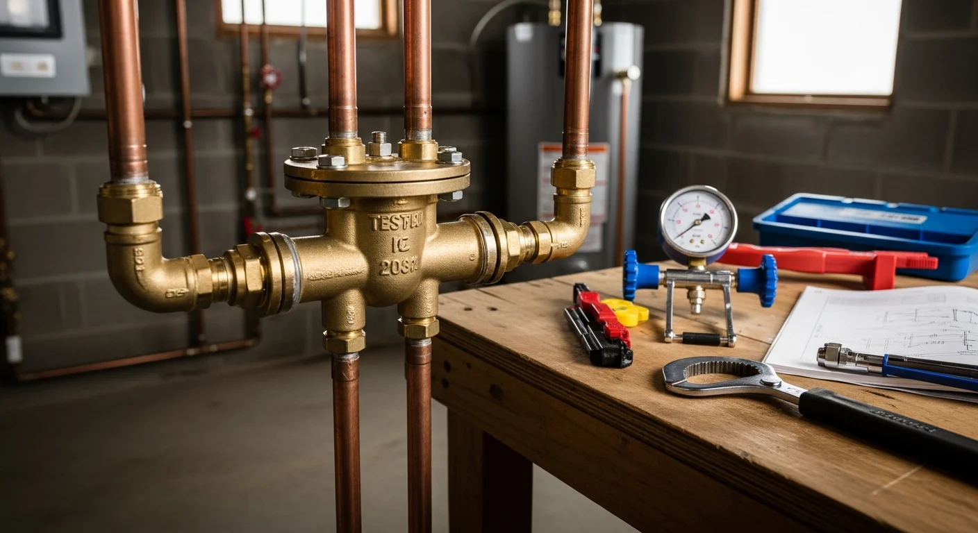 A certified technician repairing a backflow prevention assembly on a residential property in Bradford County, PA. The device is mounted on a visible pipe near the water entry point, with repair tools laid out on a work mat beside it.