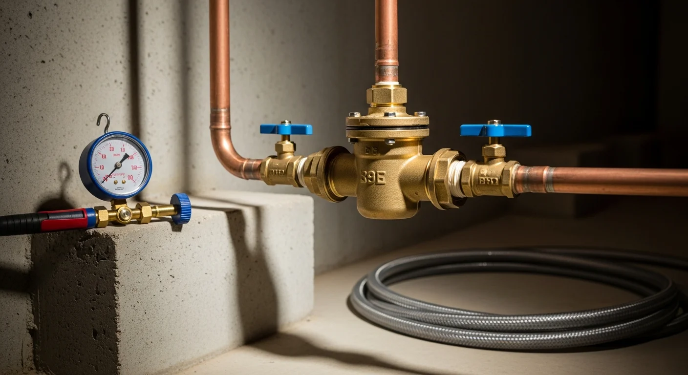 A newly installed backflow prevention assembly mounted on a water service line inside a Bradford County, PA property. The device shows clean pipe connections and properly positioned shut-off valves following a professional replacement.