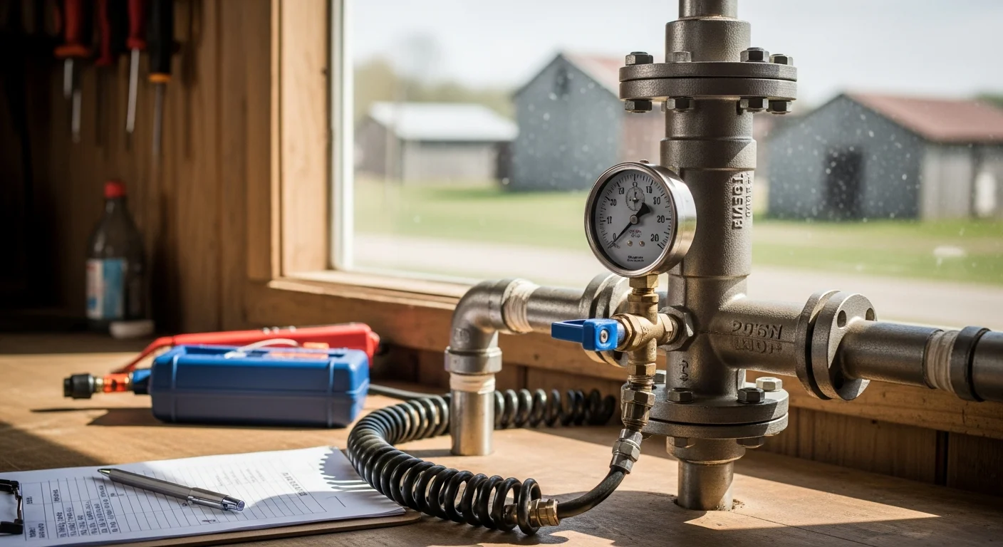 A certified backflow prevention assembly mounted on a water service line at a Bradford County, PA property, with a technician performing an annual pressure test using a calibrated gauge kit.