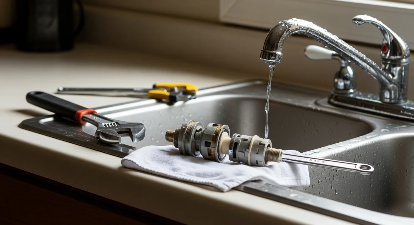 A plumber repairing a leaking kitchen faucet under a sink in a Bradford County, PA home. The technician inspects the valve cartridge and supply line connections during the service visit.