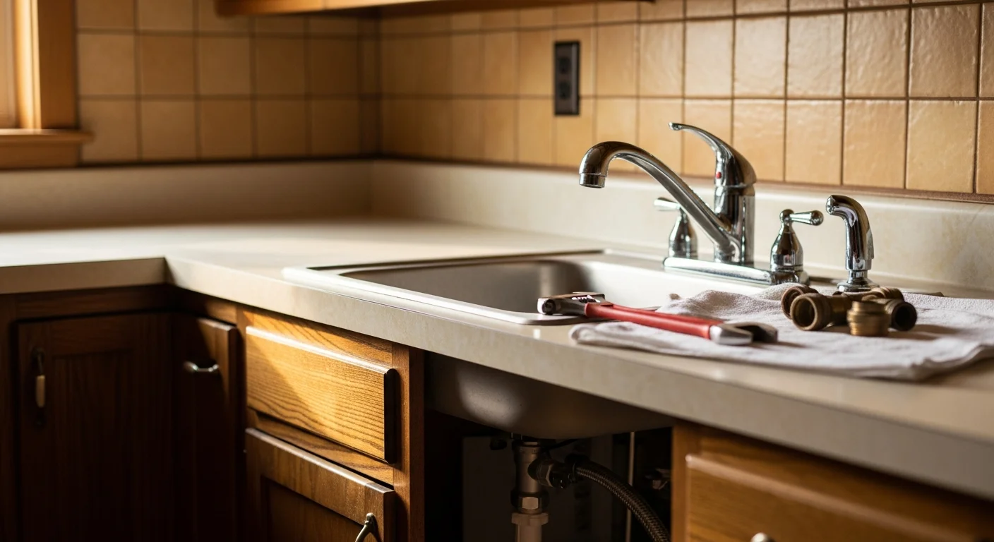 A newly installed kitchen faucet with clean supply line connections under a farmhouse-style sink in a Bradford County, PA home. The finished installation shows a secure faucet deck mount with no visible corrosion or drips.