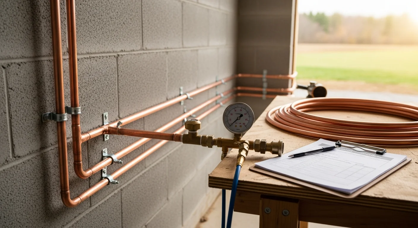 A licensed technician installs black iron gas piping in the basement of a residential property in Bradford County, PA. New pipe runs are visible along the floor joists, connected to a pressure gauge for testing.