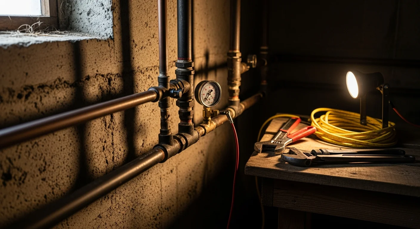 A licensed technician inspecting and repairing an interior gas supply line connection in a residential utility room in Bradford County, PA. The image shows exposed pipe fittings and a pressure gauge used to test the repaired gas line.