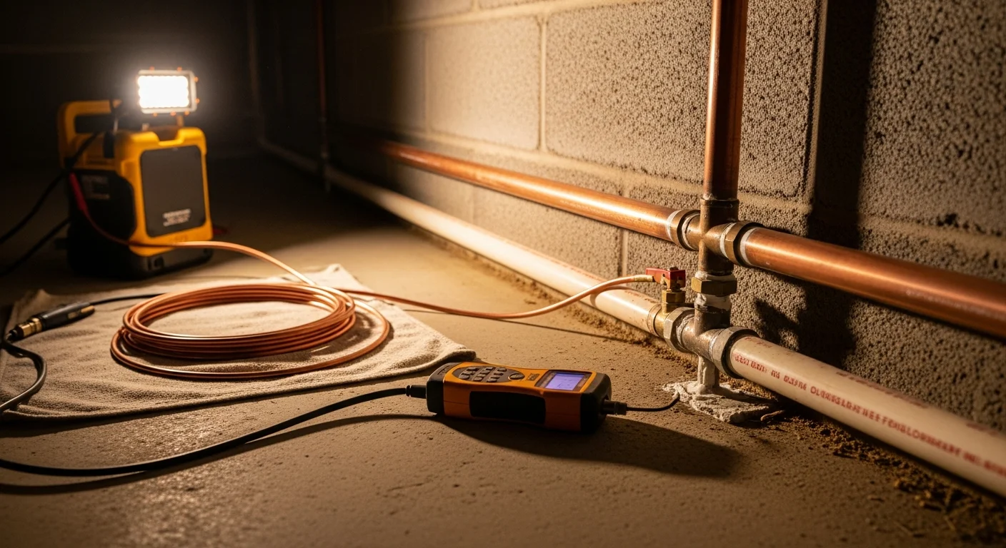 A plumber from American Backflow Services LLC inspecting a repaired supply line connection beneath a sink in a Bradford County, PA home. The pipe joint is dry and secure, with no visible moisture or water staining on the cabinet floor.