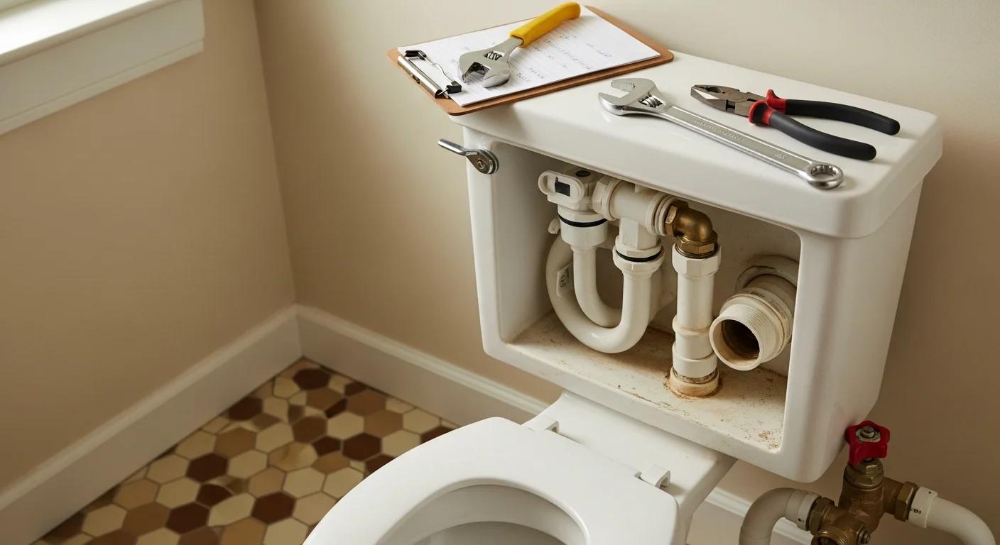 A plumber inspecting and repairing the internal tank components of a residential toilet in a Bradford County, PA home. The shut-off valve and supply line are visible at the base of the fixture.