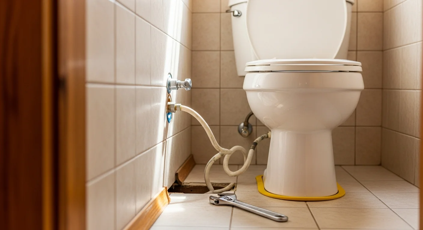 A newly installed white toilet in a residential bathroom in Bradford County, PA, with a clean wax ring seal and connected water supply line visible at the base. The surrounding tile floor and wall show no signs of water damage following a professional toilet replacement.
