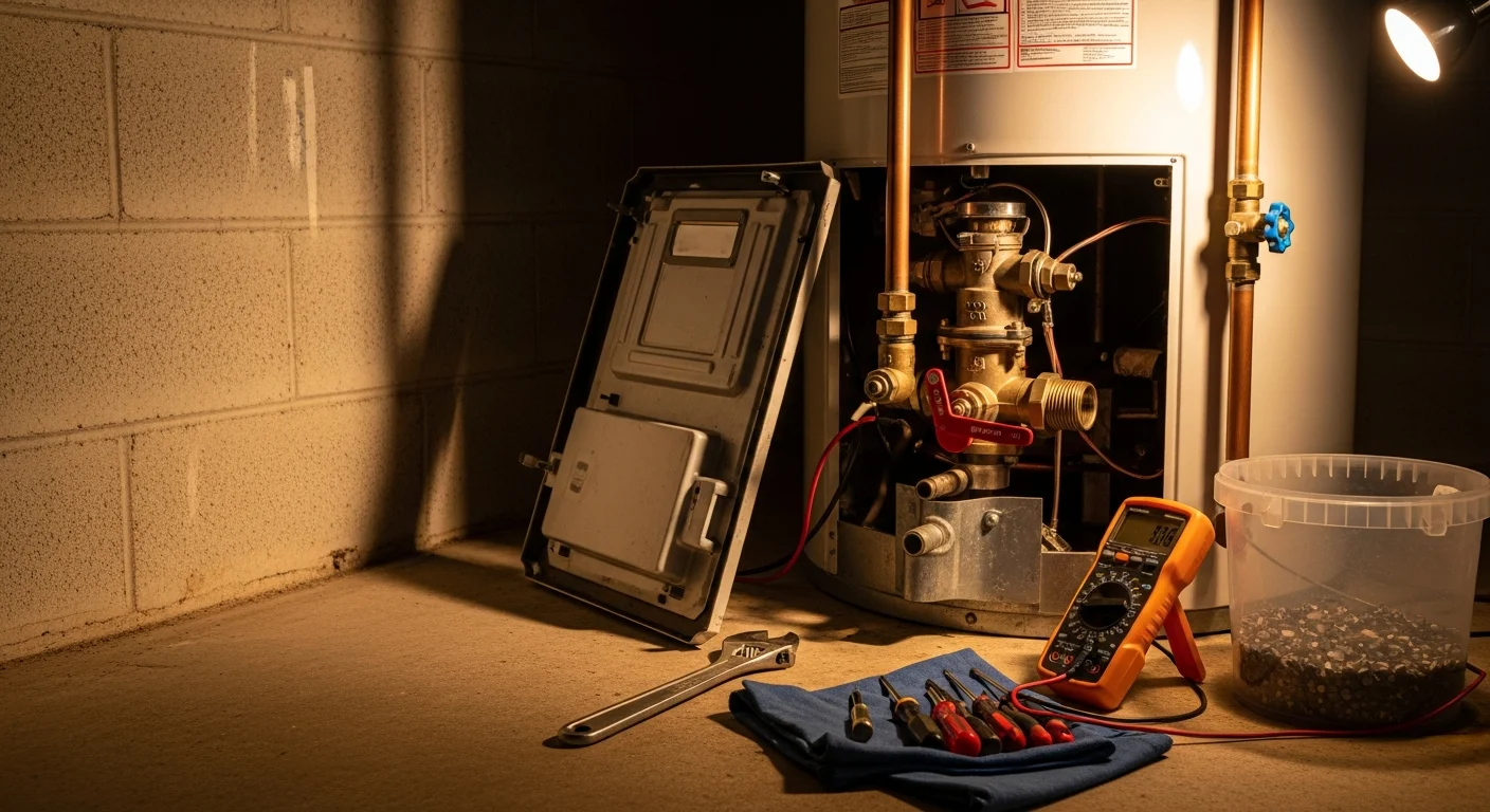 A licensed plumber from American Backflow Services LLC inspecting a residential tank water heater in a Bradford County, PA home. The image shows the technician checking the pressure relief valve and connections on an older unit in a utility room.