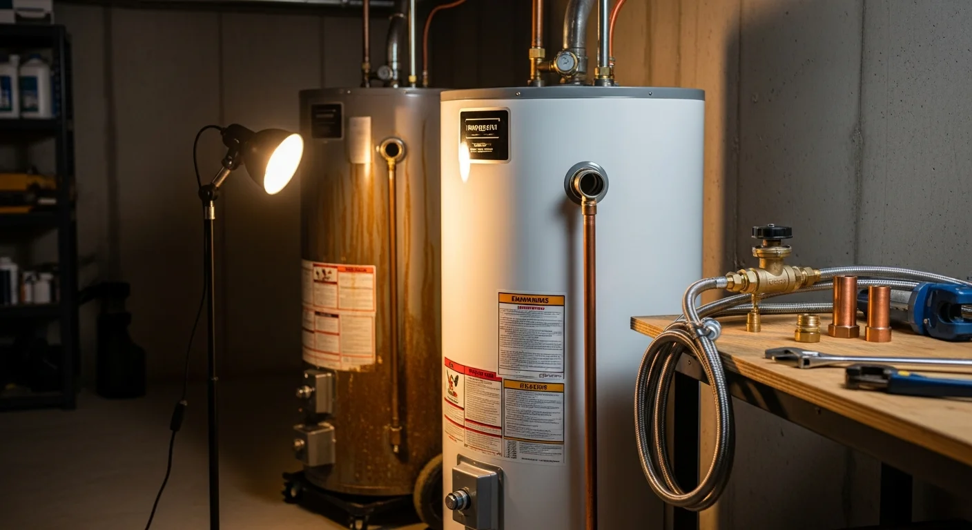 A licensed plumber from American Backflow Services LLC completing a water heater replacement in a Bradford County, PA home utility room. The new tank is fully connected with updated fittings and a pressure relief valve installed to Pennsylvania code.