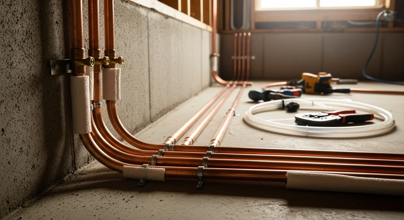 A plumber installing new water supply piping in the basement of an older residential home in Bradford County, PA. Copper and PEX lines run along the floor joists toward multiple fixture connections.