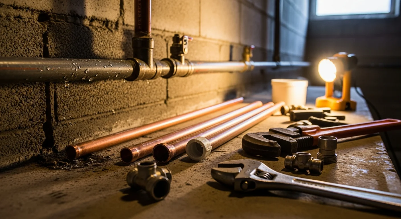 A plumber repairing a damaged water supply pipe inside a Bradford County, PA home, with tools and replacement pipe sections visible on the work surface. The repair area shows an exposed section of wall with corroded pipe fittings being replaced.