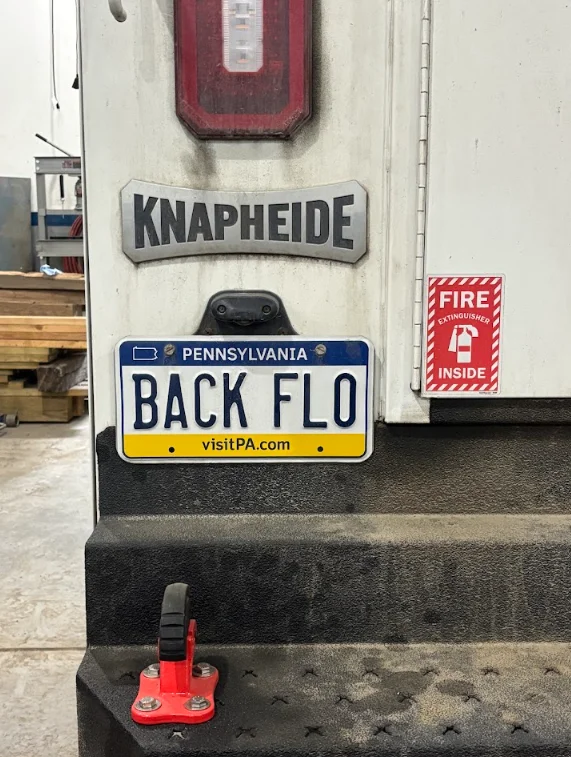 American Backflow Services truck with Pennsylvania BACK FLO license plate
